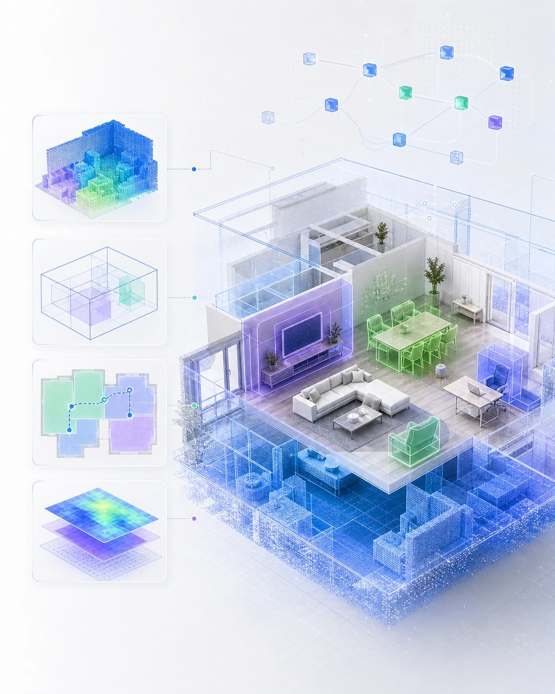 Spatial AI room scan with semantic segmentation, depth maps, and API node overlays