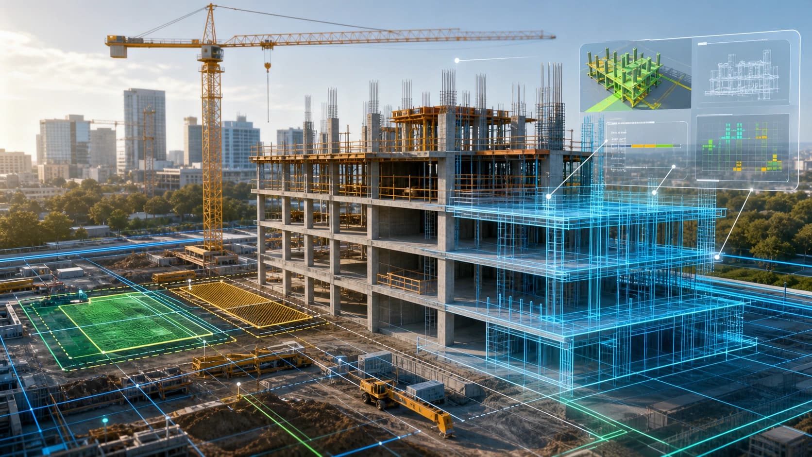 Spatial AI construction planning site with digital twin and progress overlays
