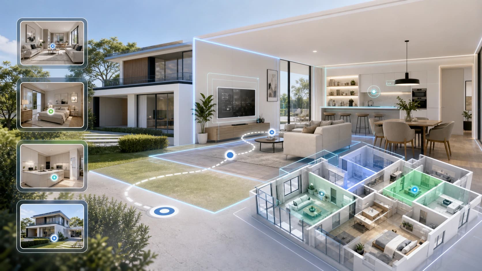 Spatial AI real estate virtual staging scene with tour and floor plan overlays